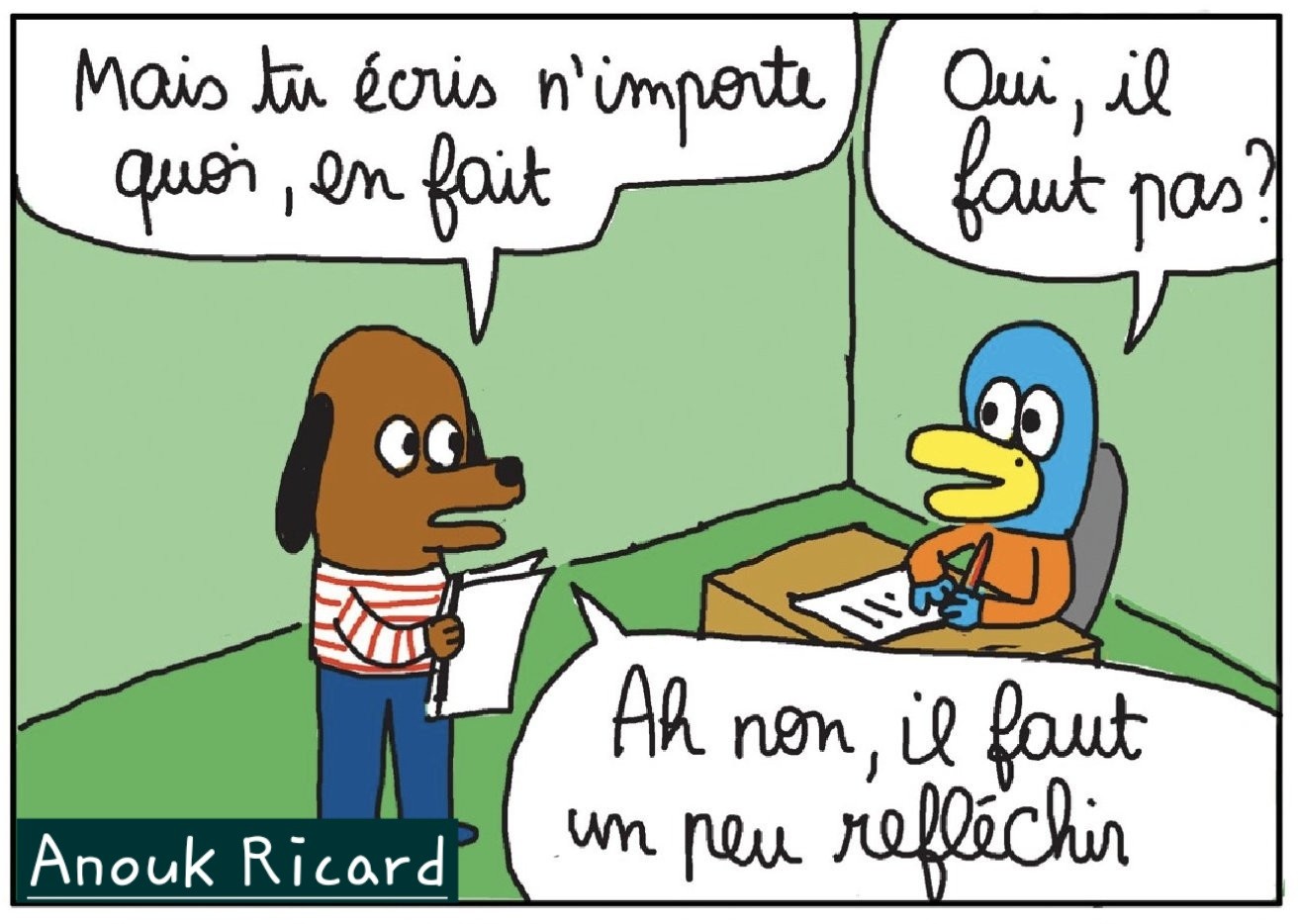 Meme de Anouk Caron avec 2 petits personnages l'un dit "mais tu ecris n'importe quoi en fait", l'autre reponds"oui, il faut pas?" et le premier retorque "ah non, il faut un peu reflechir"